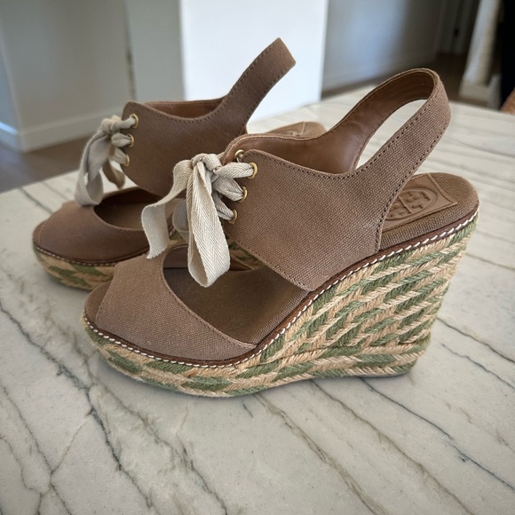 Tory Burch Espadrille Wedges Brown and Green Ankle-Wrap - Picture 1 of 4